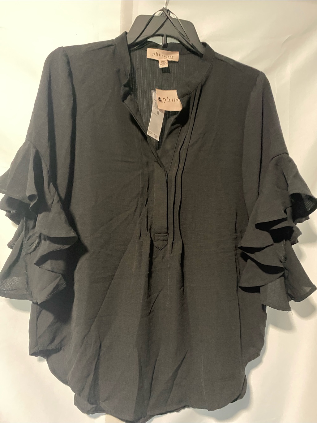 Philosophy Black Ruffle-Sleeve Split-Neck Blouse
